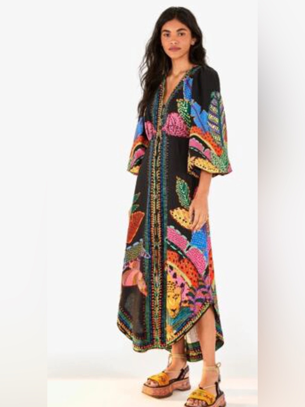 FARM Rio Black Multicolor Embroidered High-Low Maxi Dress